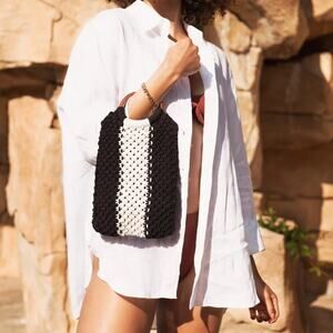 LAUDE THE LABEL Gabby Mini Macrame Bag Black & White Boho Coastal Resortwear NWT